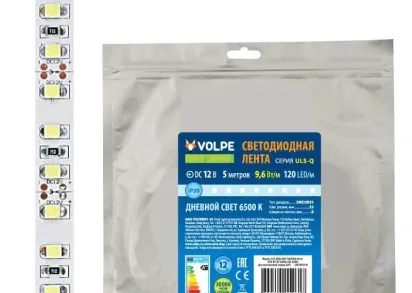 Светодиодная лента Volpe 9,6W/m 120LED/m 2835SMD холодный белый 5M ULS-Q330 2835-120LED/m-8mm-IP20-DC12V-9,6W/m-5M-6500K UL-00004539