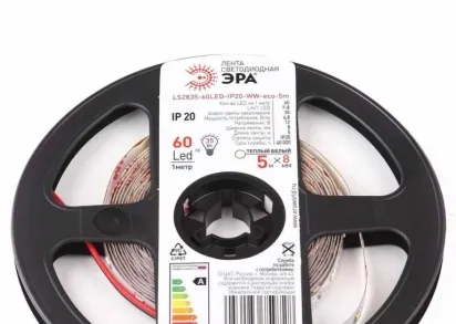 Светодиодная лента ЭРА 4,8W/m 60LED/m 2835SMD теплый белый 5M LS2835-60LED-IP20-WW-eco-5m Б0035587